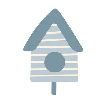 Wooden birdhouse on a stick, a house for birds. Hand drawn vector illustration. Isolated element on a white background.