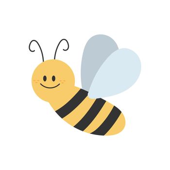 Lovely simple design of a cartoon yellow and black bee on a white background. Hand drawn style