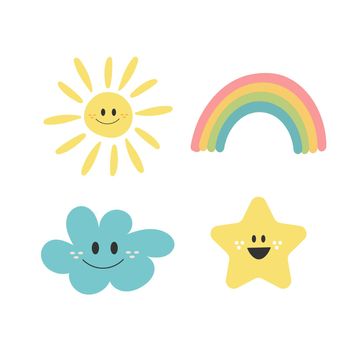 Cute hand drawn collection with character cloud, rainbow, sun and star. Vector illustration. Weather set.