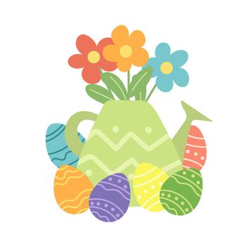 Flower bouquet in the watering can and Easter eggs. Cute springtime hand drawn cartoon style vector illustration on white background.