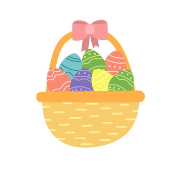 Easter colorful eggs in basket with pink bow. Vector illustration on white. Hand drawn style