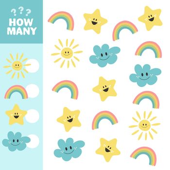 Counting Game for Preschool Children. Educational a mathematical game. Count how many stars, clouds, suns and rainbows. Write the result