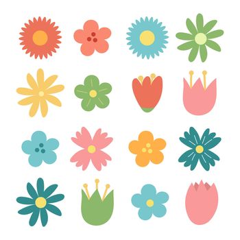 Set of hand drawn flower icons isolated on white. Cute cartoon design in bright colors for stickers, labels, tags, gift wrapping paper