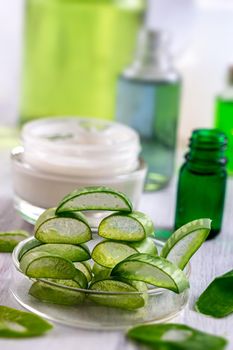 Pieces of the plant sliced in a petri dish surrounded by cosmetics