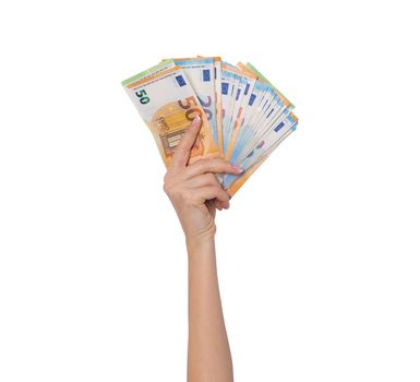 Woman hand holding euro cash money banknotes isolated on white background. High quality photo