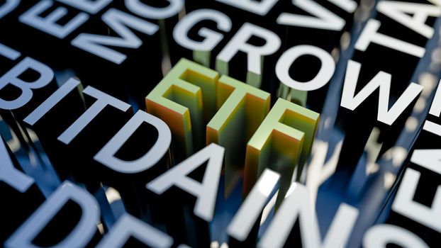 Concept image of business tag ETF. Three-dimensional letters geometrically on a white background. EBITDA, TRUST, INVESTMENT, DEPRECIATION, AMORTIZATION, MONEY, TAX, REIT, FINANCE, ENTERPRISE, VALUATION, EARNINGS, INSURANCE GROW MONEY REAL ESTATE 3d illustration