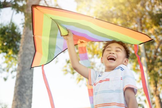 Asian happy children boy with a kite running to fly on in park at summer sunset outdoors