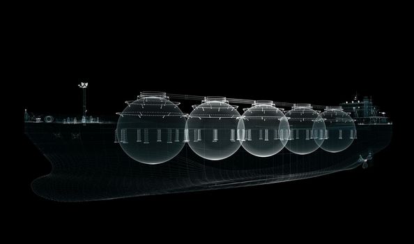 Hologram LNG tanker. Transport, Energy and Technology Concept. Interface element. 3d illustration