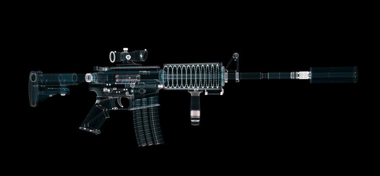 Submachine Gun Hologram. Weapon and Technology Concept. Interface element. 3d illustration