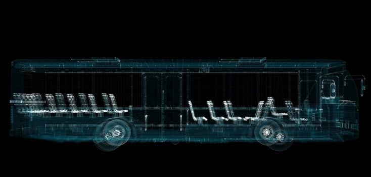 Electric Smart Bus Hologram. Transport, Eco and Technology Concept. Interface element. 3d illustration