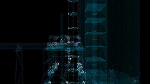 Industrial Technology Concept. Particle hologram industrial equipment, valves, pipes and sensors. Industry 4.0 High Tech Concept. 3d illustration