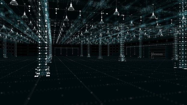 The automated and digitalized warehouse of the future. Particles and transparent planes. 3d illustration