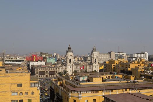 Lima, Peru - September 05, 2015: Aerial view of the cathedral and central square in the city centre.