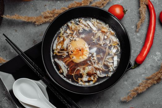 ramen with chicken and pork, SHOYU RAMEN chicken and pork with noodles.