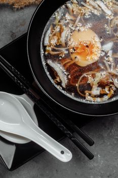 ramen with chicken and pork, SHOYU RAMEN chicken and pork with noodles.