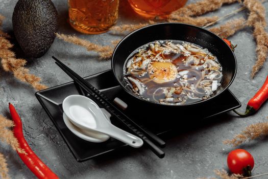 ramen with chicken and pork, SHOYU RAMEN chicken and pork with noodles.