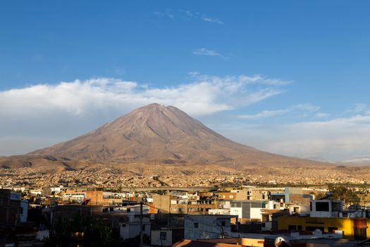 Arequipa, Peru - October 20, 2015: View of the Misti volcano as seen from the Yanahuara viewpoint