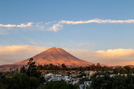 Arequipa, Peru - October 20, 2015: View of the Misti volcano as seen from the Yanahuara viewpoint
