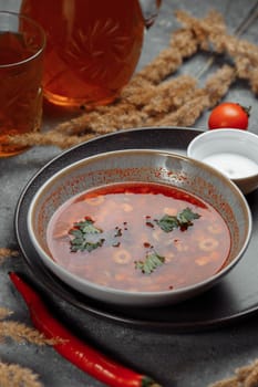 Traditional russian Solyanka or saltwort soup. Selective focus. photo for the menu, traditional food.