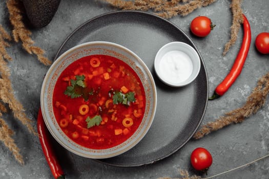 Traditional russian Solyanka or saltwort soup. Selective focus. photo for the menu, traditional food.