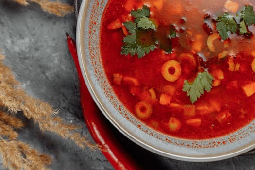 Traditional russian Solyanka or saltwort soup. Selective focus. photo for the menu, traditional food.