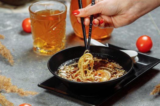 ramen with chicken and pork, SHOYU RAMEN chicken and pork with noodles.