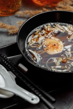 ramen with chicken and pork, SHOYU RAMEN chicken and pork with noodles.