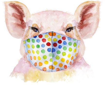 Cute piggy pig in a medical protective mask. Pig for T-shirt graphics.