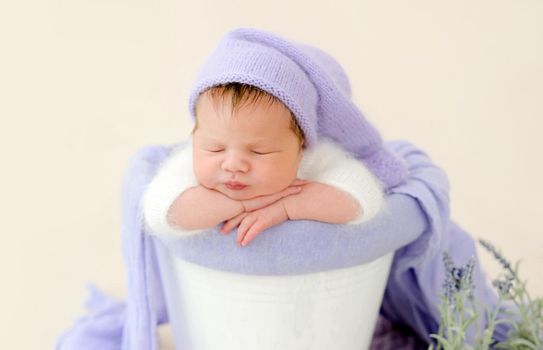 Cute newborn baby girl sleeping in basin decorated with lavander flowers. Infant kid studio portrait with plants during napping