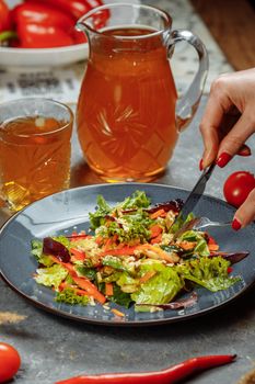 Healthy organic fresh salad with tomatoes, peppers and chicken Masala. Grilled chicken breasts and fresh vegetables in plate.