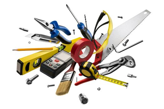 Construction tools levitate on a white background.