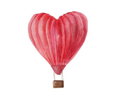 Red heart shape hot air balloon watercolor illustration isolated on white background