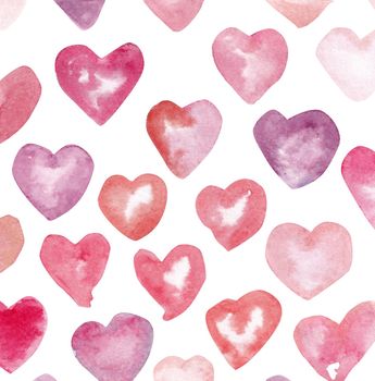 Watercolor hearts background. Pink watercolor heart pattern. Colorful watercolor romantic texture. Watercolor hand drawn illustration