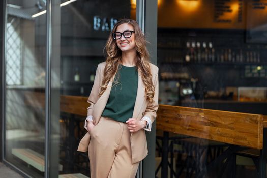 Business Woman Restaurant Owner Dressed Elegant Pantsuit Standing Near Restaurant Big Window Outdoor Caucasian Female Glasses Business Person