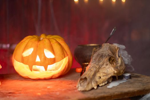 Halloween. Scary Halloween pumpkin with carved face on table in dark room with human skull and animal skull. Copy space for text. Spooky atmosphere.