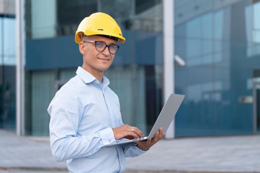 Business, Architect Using Laptop Dressed Hard Hat Eyeglasses Outdoors Office Building Background Caucasian Male Engineer Control Building Process Outside