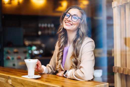 Business Woman Sitting Cafe Behind Window Waiting Business Partner Caucasian Female Resting Cafeteria Drink Late Coffee Smile Looking outside