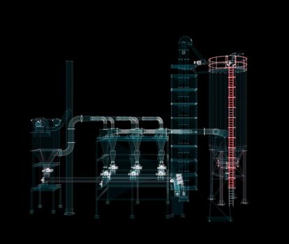 Industrial Technology Concept. Particle hologram industrial equipment, valves, pipes and sensors. Industry 4.0 High Tech Concept. 3d illustration