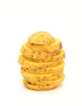 A stack made from sliced raw ripe potato on white background.