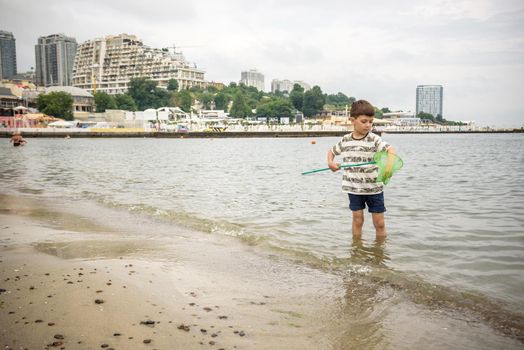 One little boy alone exploring the beach at low tide walking towards the sea coast. happy childhood concept.