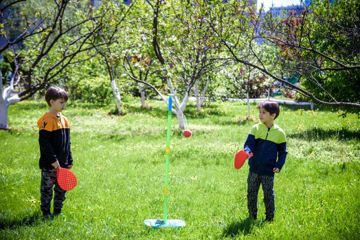 Two friends are playing tetherball swing ball game in summer camping. Two boy brother happy leisure healthy active time outdoors concept.