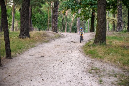 Cyclist Riding down the sandy Hill on the Offroad Trail.