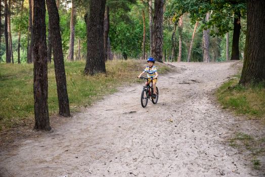 Cyclist Riding down the sandy Hill on the Offroad Trail.