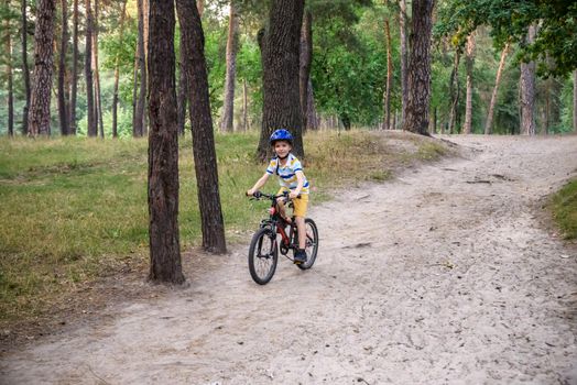 Cyclist Riding down the sandy Hill on the Offroad Trail.