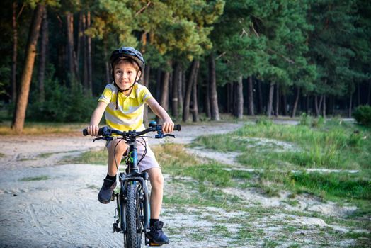 Portrait of happy active teenage boy in safety helmet relaxing after school riding his bike in beautiful park on sunny autumn day.