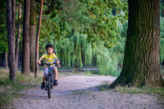 Portrait of happy toddler child boy riding on bike with helmet. He rides from a small hill, through a sandy forest path. Sport concept: kids ride bicycle first bike active toddler kid.