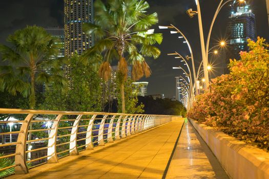 scenic illumination of pedestrian walkway in Singapore downtown by night