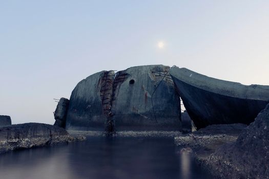 twilight scenery with abandoned ruins in water and rising moon