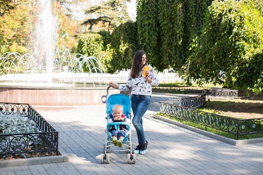 Young mother walking and pushing a stroller in the park