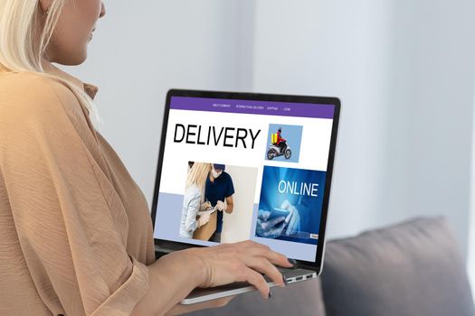 Online ecommerce store, dropshipping business website concept. laptop computer, shipping boxes, retail marketplace, warehouse delivery background, banner